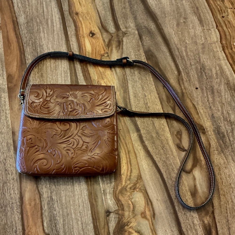 Patricia Nash Balluri Tooled Leather Crossbody Bag Cognac Floral Embossed Brown - Picture 10 of 15